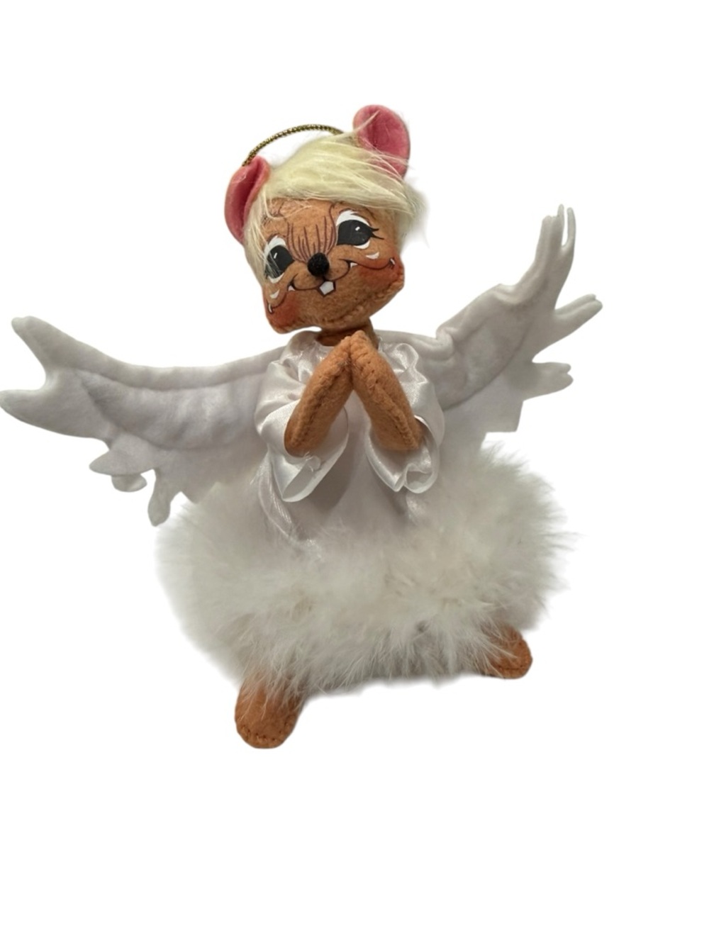 Annalee Angel Mouse 6.5 inch Boa Praying Hands Felt Wings White Gown   Halo